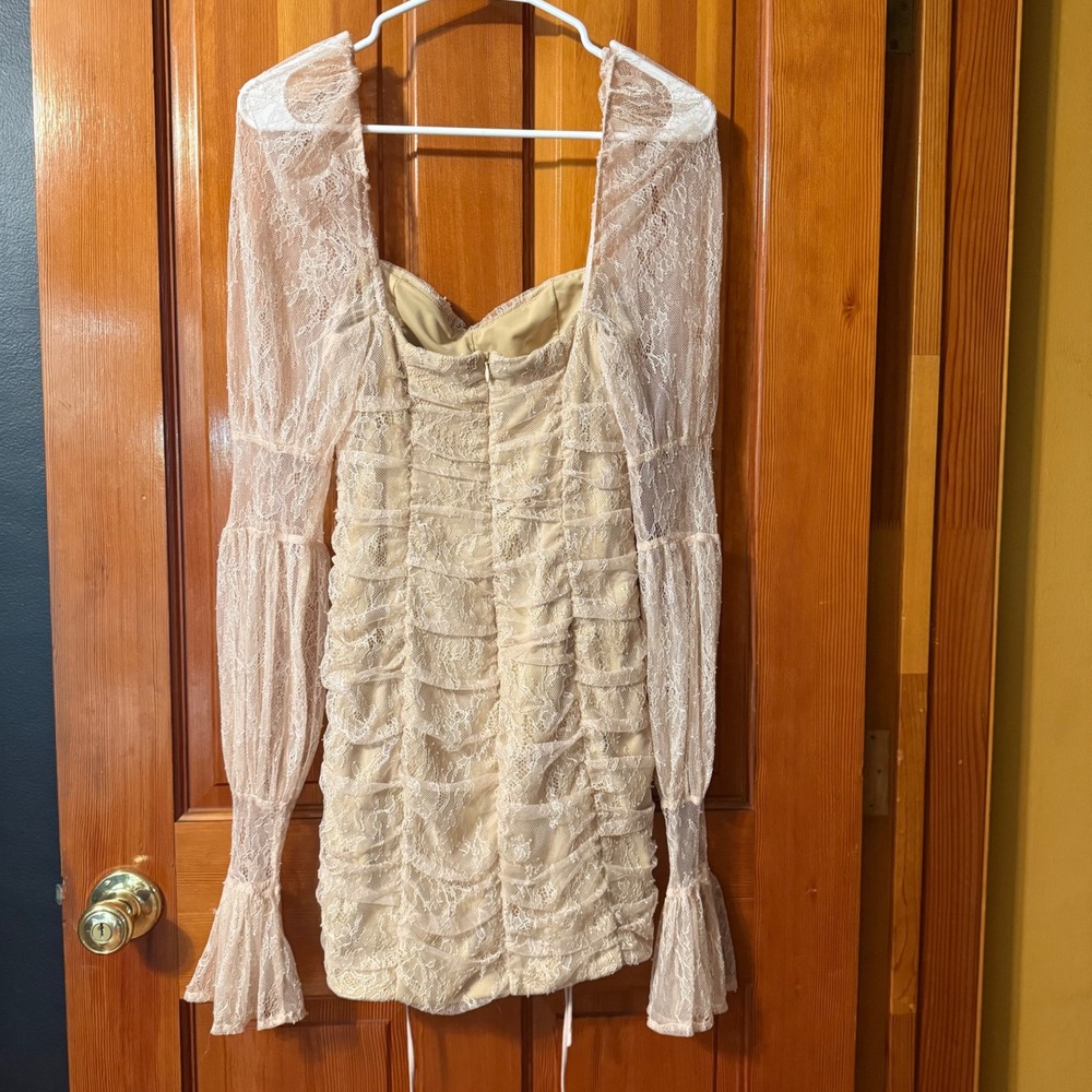 Michael Costello x REVOLVE Dress Women S Nude Excellent Ruched Lace Mini Bodycon - Picture 2 of 9
